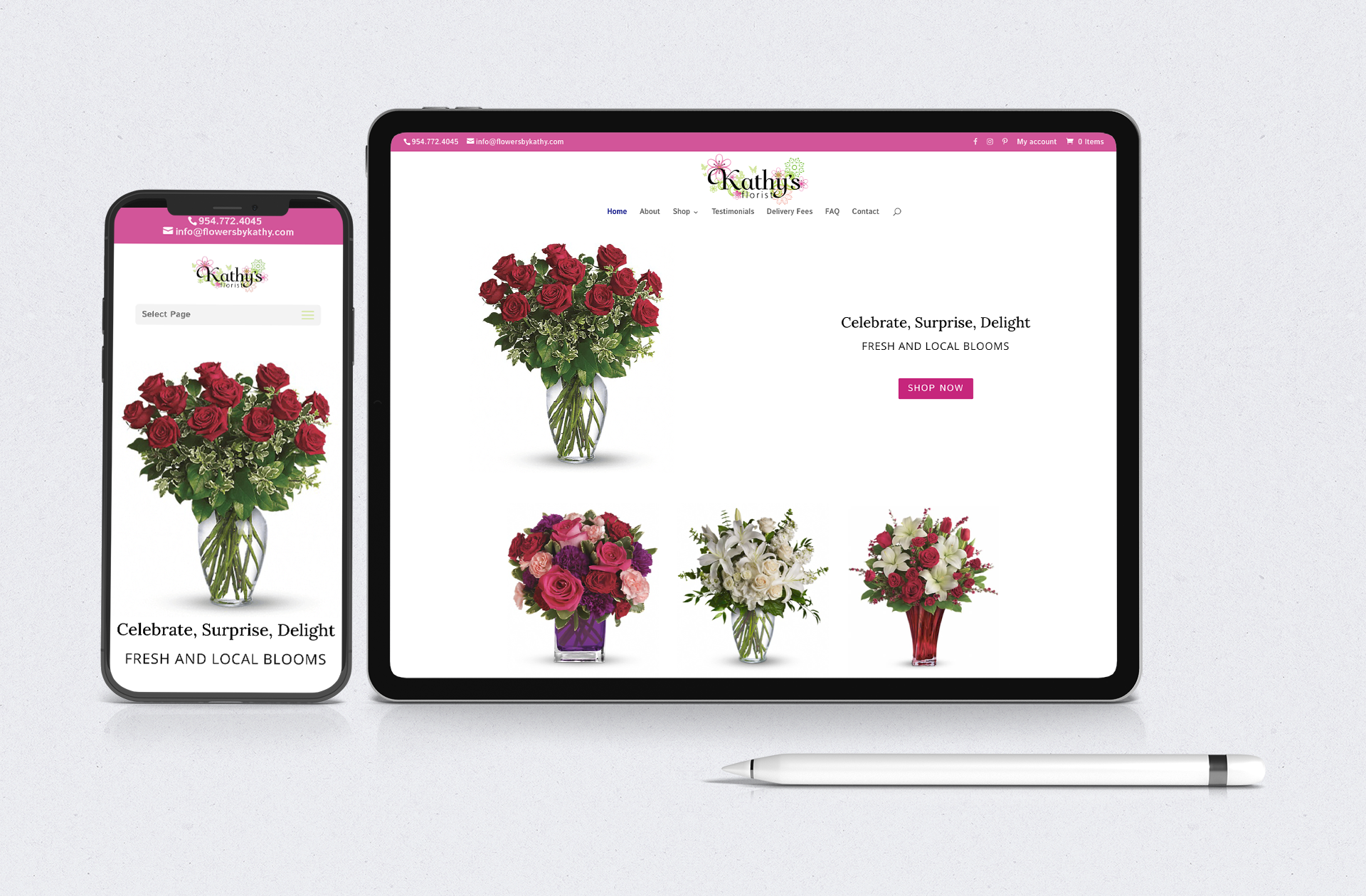 A smartphone and a tablet displaying a flower shop website with bouquets of flowers and the tagline "Celebrate, Surprise, Delight - FRESH AND LOCAL BLOOMS". The tablet and smartphone lay on a white background with a stylus pen beside the tablet.