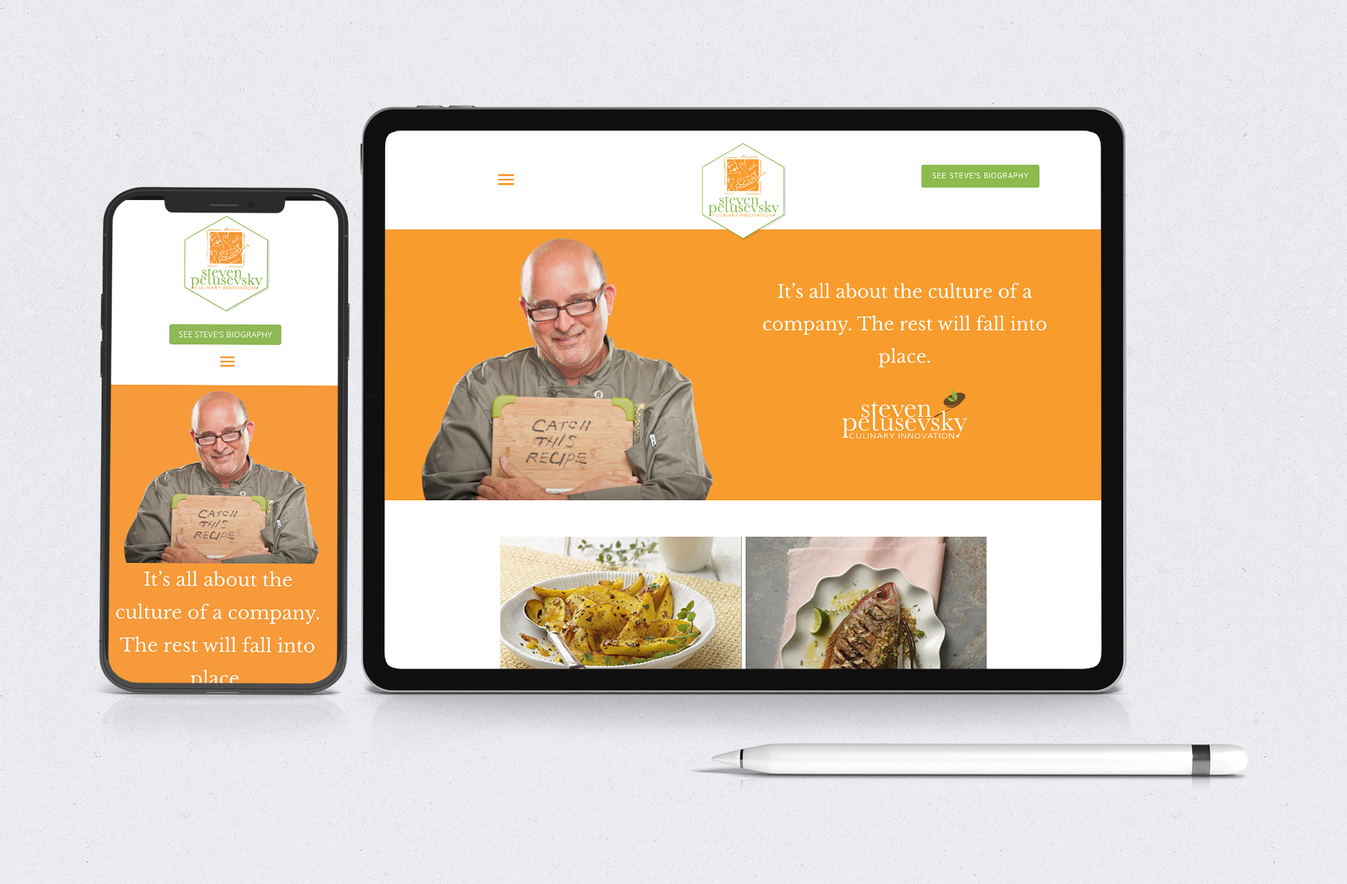 A smartphone and a tablet displaying the website of Steven Petusevsky Culinary Innovation, featuring the brand's logo, a photo of Steven holding a cutting board with the text "Catch this recipe," and other website elements including a call-to-action button and images of dishes.