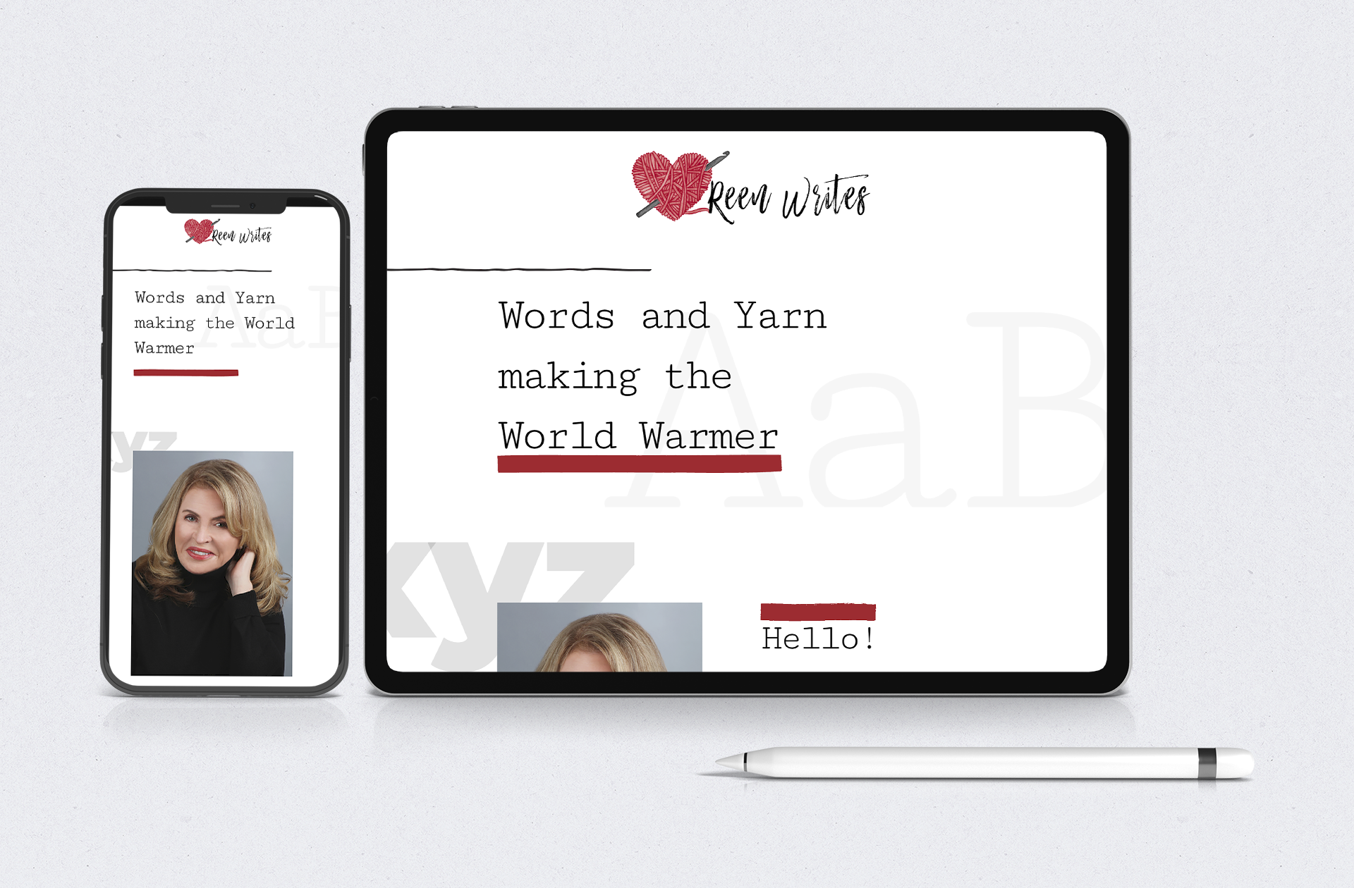 A smartphone and a tablet are displayed side by side against a white background, both showing the interface of a blog named "Keen Writes" with the tagline "Words and Yarn making the World Warmer." The smartphone screen features a photo of a smiling woman with blonde hair, while the tablet screen shows a text snippet and partially displays the same photo at the bottom. A stylus pen lies horizontally in front of the tablet.