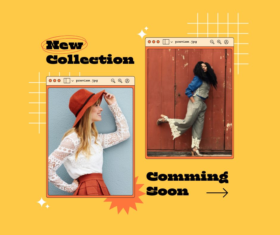 A promotional graphic with a yellow background featuring two images of women modeling clothing, with text overlays that read "New Collection" and "Coming Soon". The first image on the left shows a woman in a white lacy top and orange skirt with a red hat, and the second image on the right shows a woman in a blue jacket and beige pants leaning playfully against a red door. The design includes stylized interface elements suggesting a photo editing application.